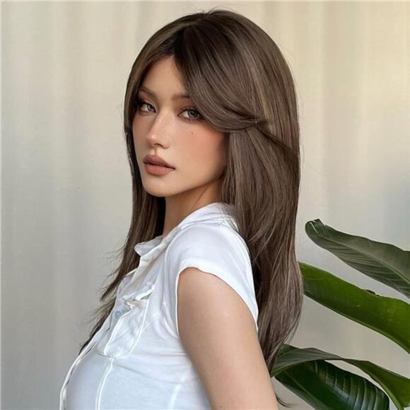 Wigs for Women Layered Synthetic Hair Wig with Highlight - Brown with highlights